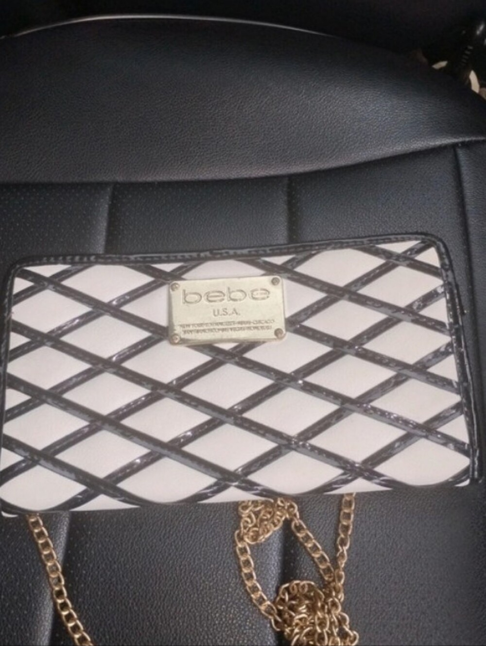 bebe White and Black Quilted Crossbody with Gold Chain Strap
